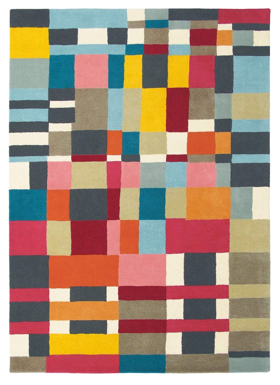 Alfombra multicolor de lana Estella Domino de Brink & Campman, diseñada en una moderna cuadrícula de colores vivos y brillantes, perfecta para interiores contemporáneos.