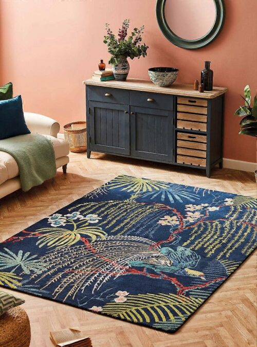 Alfombra lana Brink & Campman Sanderson Rain Forest Tropical Nights diseño exótico floral y pájaro.