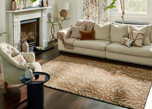 Alfombra lana en beige o gris con diseño de ramas en tienda de alfombras Decorazone