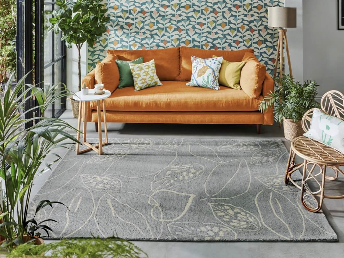 Alfombra lana Orto con diseño Scion floral en rojo mostaza o girs en Decorazone