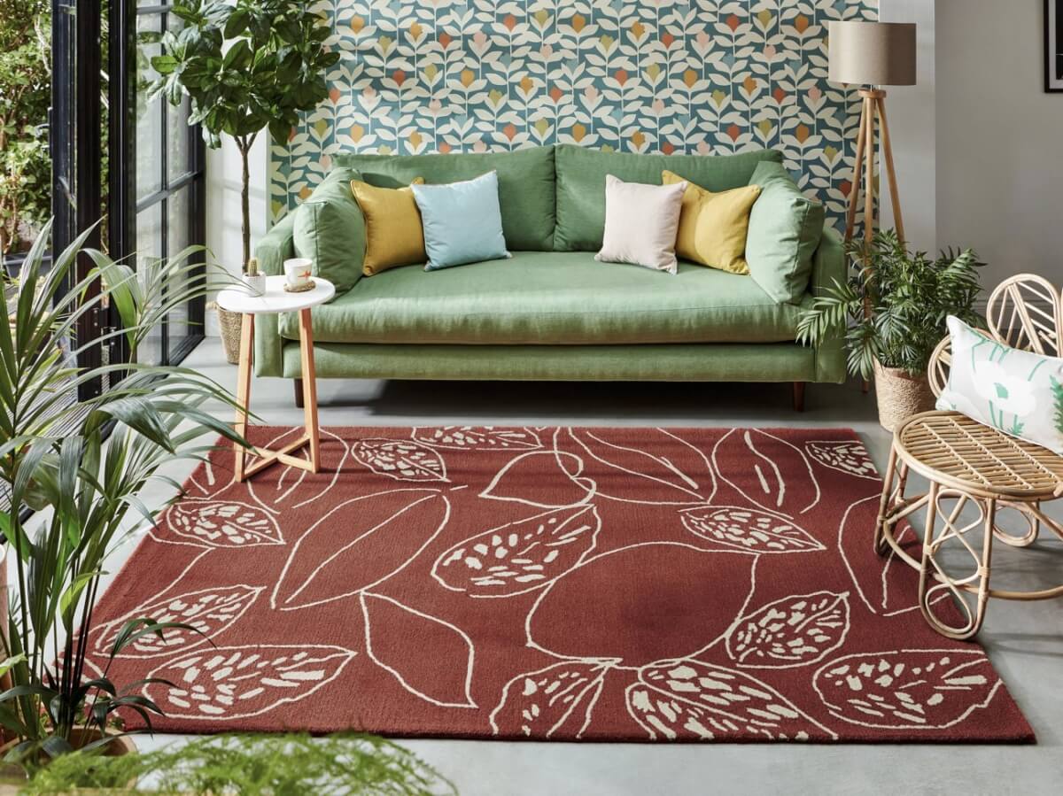 Alfombra lana Orto con diseño Scion floral en rojo mostaza o girs en Decorazone