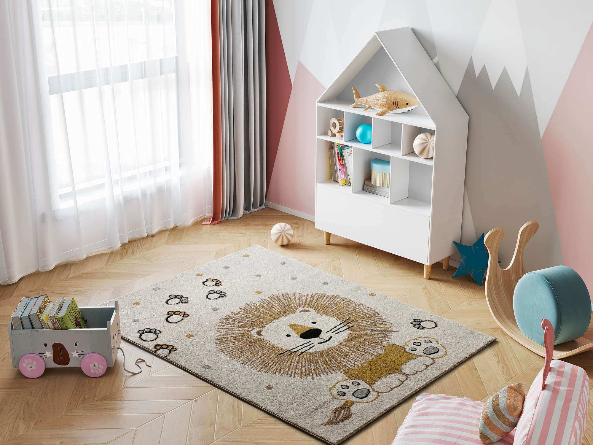 Alfombra Beats 40265 con dibujo de león en color ocre en tienda de alfombras Decorazone de Bilbao