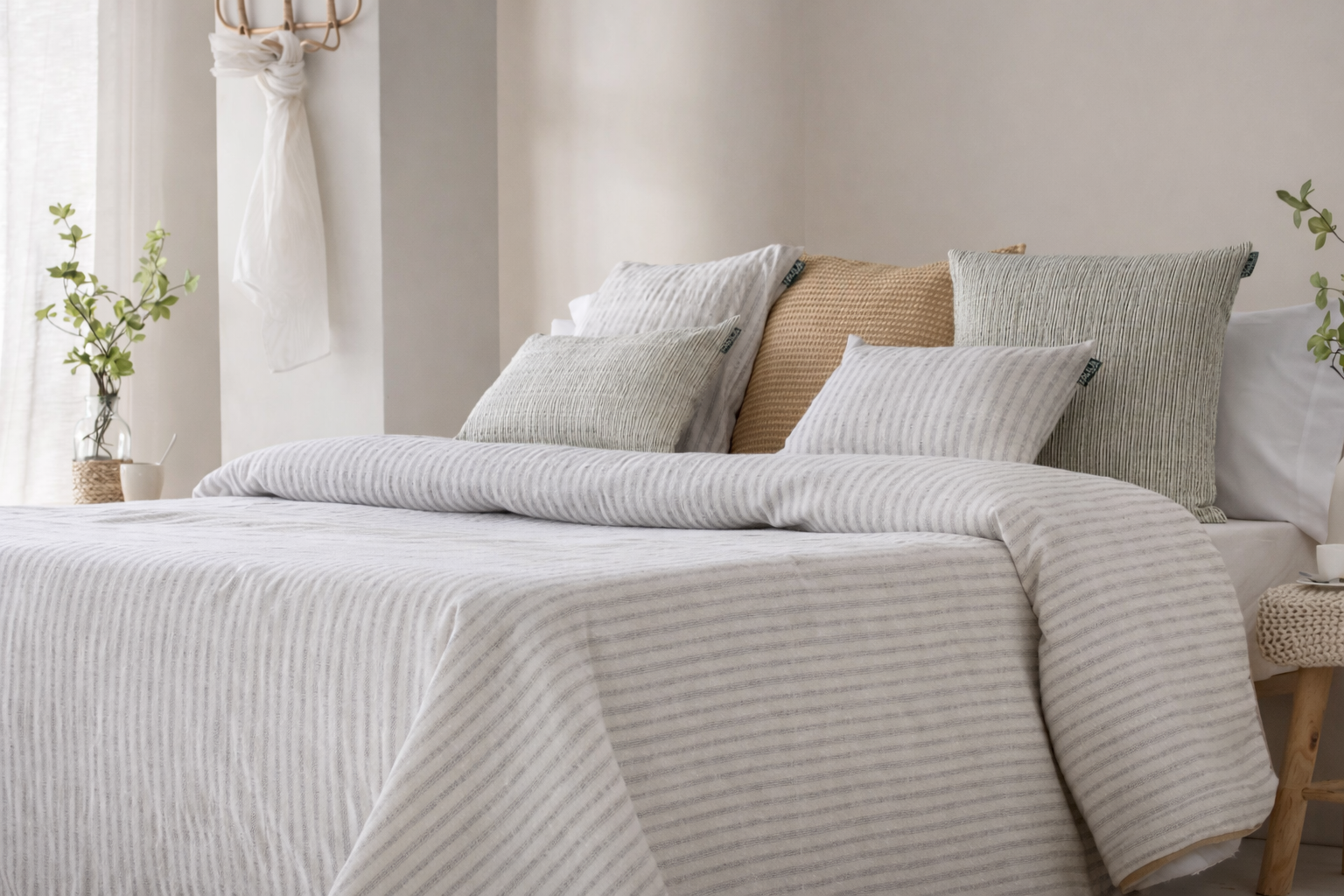 Bouti jacquard para cama de 150 en dormitorio luminoso con cojines decorativos.